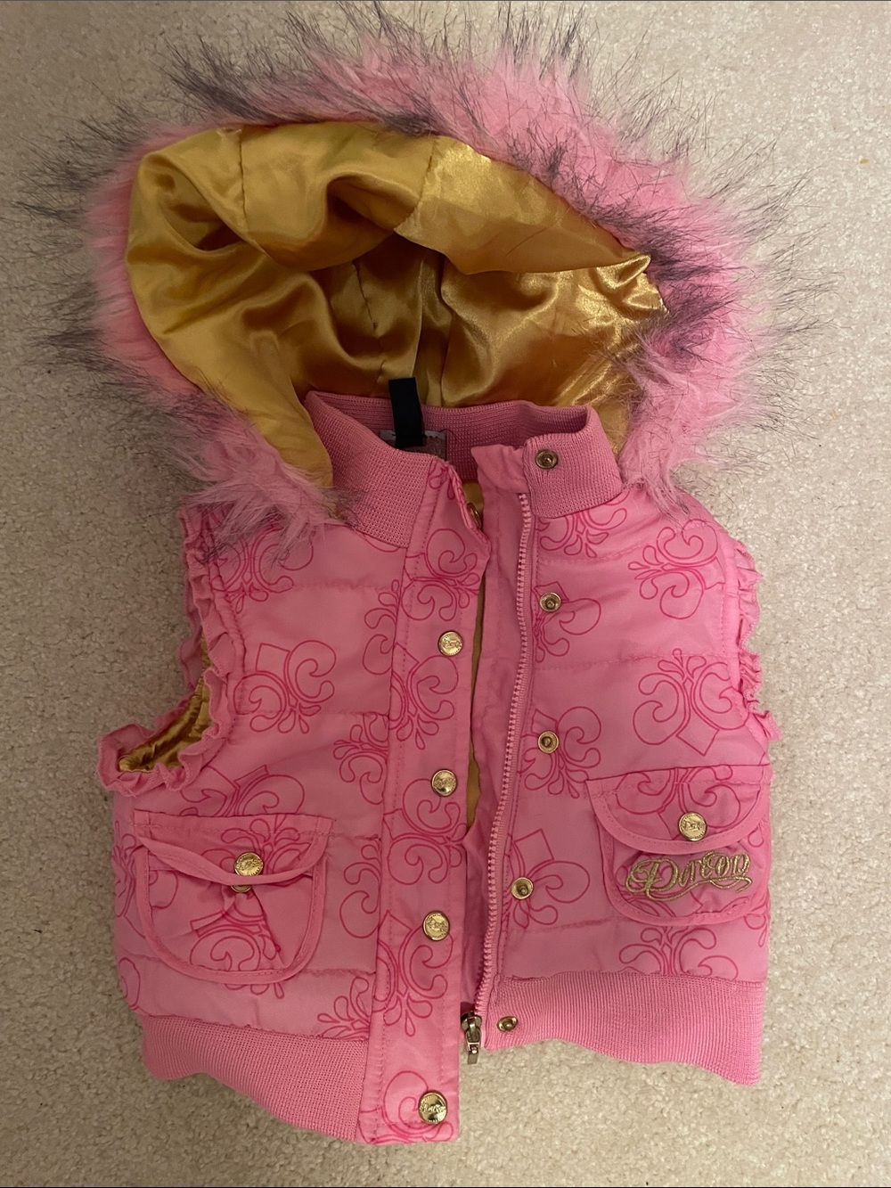 Dereon Pink Hooded Vest with Gold Satin Lining